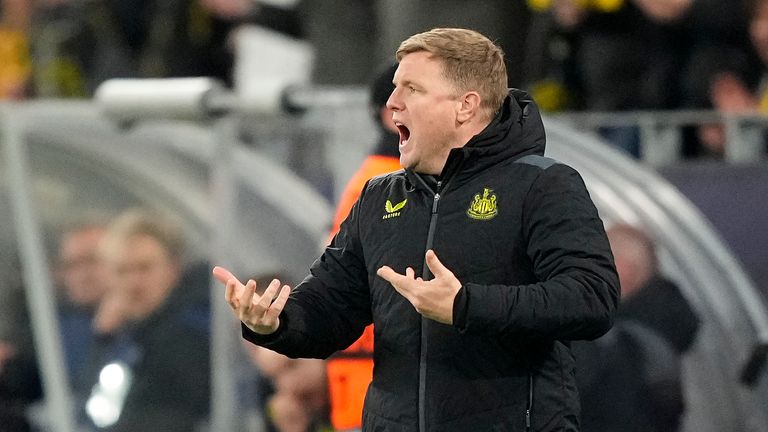 Newcastle's head coach Eddie Howe reacts during the Champions League Group F soccer match between Borussia Dortmund and Newcastle United in Dortmund, Germany, Tuesday, Nov. 7, 2023