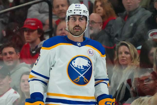 Nov 7, 2023; Raleigh, North Carolina, USA; Buffalo Sabres right wing Alex Tuch (89) looks on against the Carolina Hurricanes during the third period at PNC Arena.