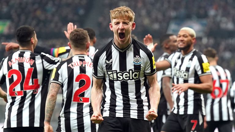 Anthony Gordon celebrates scoring the opening goal at St James' Park