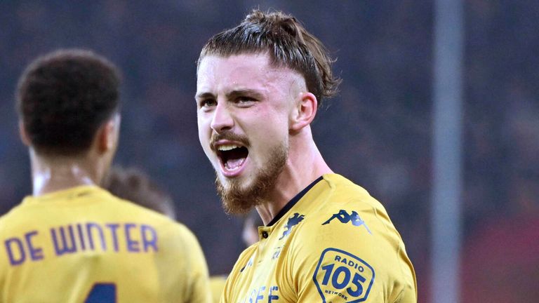 Genoa's Radu Dragusin celebrates after scoring their side's first goal of the game during the Serie A soccer match between Genoa and Inter at the Luigi Ferraris stadium in Genoa, Italy, Friday Dec. 29, 2023. (Tano Pecoraro/LaPresse via AP)