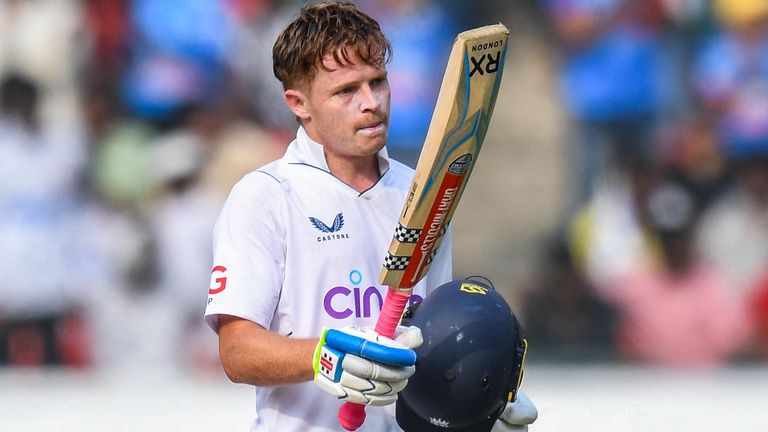England's Ollie Pope celebrates his century in Hyderabad