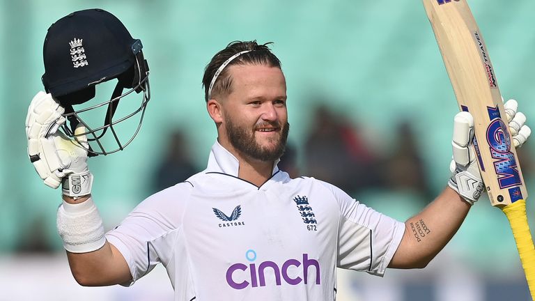 Ben Duckett celebrates his 88-ball hundred in Rajkot