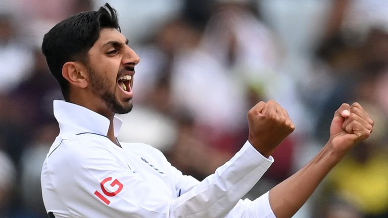Shoaib Bashir celebrates his maiden five-wicket haul in Test cricket