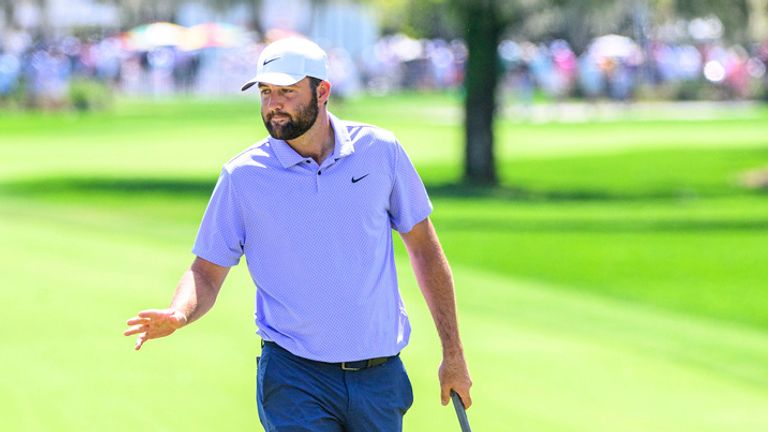 March 10, 2024: Scottie Scheffler reacts after making his birdie putt on #1 during final round of the Arnold Palmer Invitational presented by Mastercard held at Arnold Palmer's Bay Hill Club & Lodge in Orlando, FL. Romeo T Guzman/CSM.(Credit Image: .. Romeo Guzman/Cal Sport Media) (Cal Sport Media via AP Images)