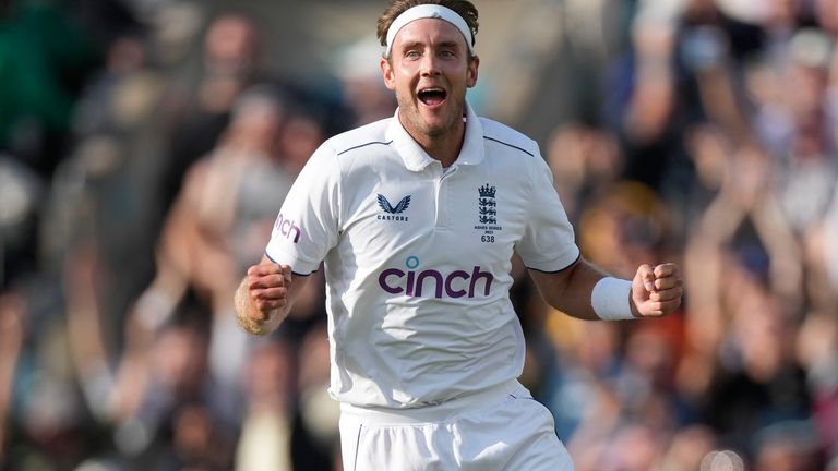 England's Stuart Broad celebrates bowling out Australia on day five of the fifth Ashes Test 
Pic:AP