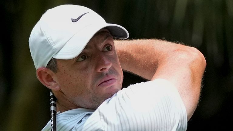 Rory McIlroy, of Northern Ireland, watches his tee shot on the second hole during the third round of the RBC Heritage golf tournament, Saturday, April 20, 2024, in Hilton Head Island, S.C. (AP Photo/Chris Carlson) 