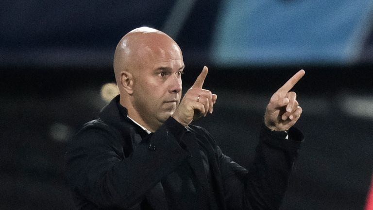 Feyenoord's head coach Arne Slot gestures during the Champions League, Group E soccer match between Feyenoord and Lazio, at the Feyenoord stadium, in Rotterdam, Netherlands, Wednesday, Oct. 25, 2023. (AP Photo/Patrick Post)