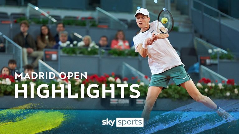 MADRID, SPAIN - APRIL 27: Jannik Sinner of Italy plays a backhand against Lorenzo Sonego of Italy during their Men's Singles Round of 32 match on Day Five of the Mutua Madrid Open at La Caja Magica on April 27, 2024 in Madrid, Spain. (Photo by Mateo Villalba/Getty Images)