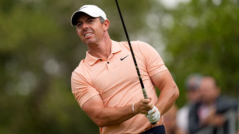 Rory McIlroy, of Northern Ireland, watches his drive on the first hole during the final round of the Texas Open golf tournament, Sunday, April 7, 2024, in San Antonio. (AP Photo/Eric Gay)
