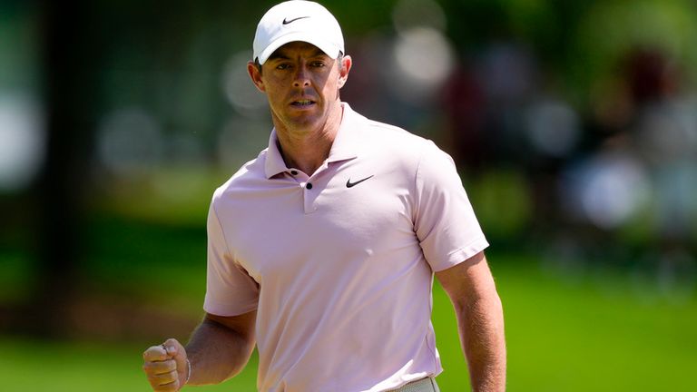 Rory McIlroy, of Northern Ireland, celebrates after a par on the third hole during the final round of the Wells Fargo Championship golf tournament at the Quail Hollow Club Sunday, May 12, 2024, in Charlotte, N.C. (AP Photo/Chris Carlson)