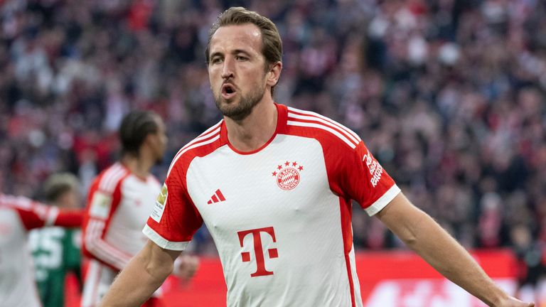 Harry Kane celebrates scoring his 24th goal for Bayern Munich this season