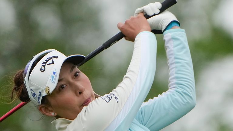 Atthaya Thitikul, of Thailand, hits off the 13th tee during the first round of the Mizuho Americas Open golf tournament, Thursday, May 16, 2024, in Jersey City, N.J. (AP Photo/Seth Wenig)