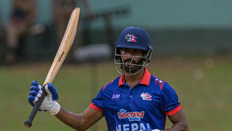 Nepal's Aasif Sheikh celebrates after scoring a half-century during the Asia Cup 2023 ODI match against India at the Pallekele International Cricket Stadium