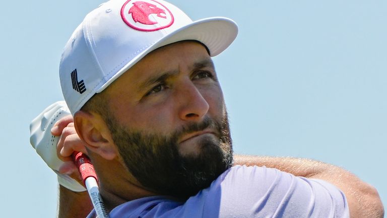 HUMBLE, TX - JUNE 07: Jon Rahm (ESP) watches his tee shot on 3 during the first round of the LIV Golf Houston tournament on June 7, 2024 at Golf Club of Houston, in Humble, Texas. (Photo by Ken Murray/Icon Sportswire) (Icon Sportswire via AP Images)