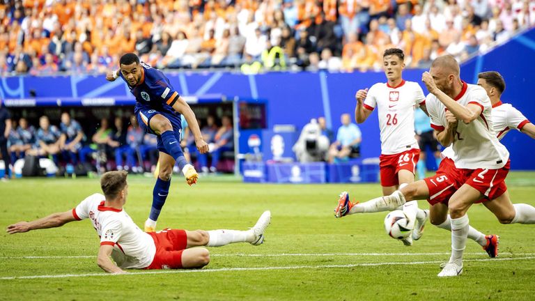 Cody Gakpo scores the Netherlands' equaliser against Poland