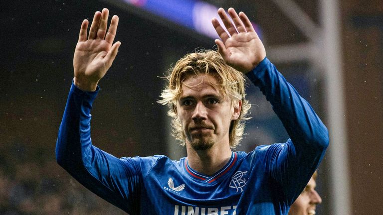 GLASGOW, SCOTLAND - MAY 14: Rangers' Todd Cantwell celebrates after scoring to make it 3-2 during a cinch Premiership match between Rangers and Dundee at Ibrox Stadium, on May 14, 2024, in Glasgow, Scotland. (Photo by Craig Williamson / SNS Group)